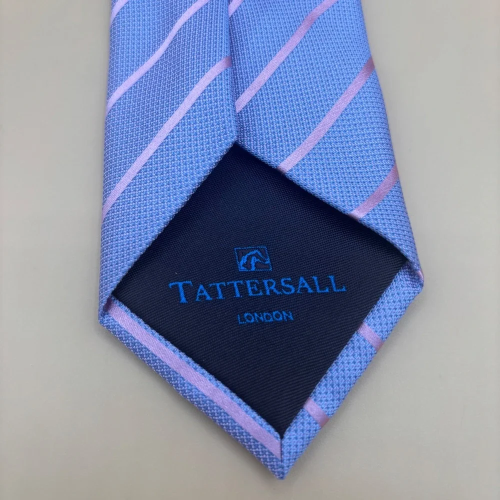 Tattersall London Mens Silk Tie Light Blue Pink Diagonal Stripe Hand Made‎ 3.25